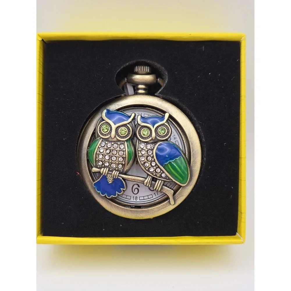 NIB 79004 Invicta Goldtone Owl Pocket Watch. Blue/Green Enamel, Crystals,Chain.